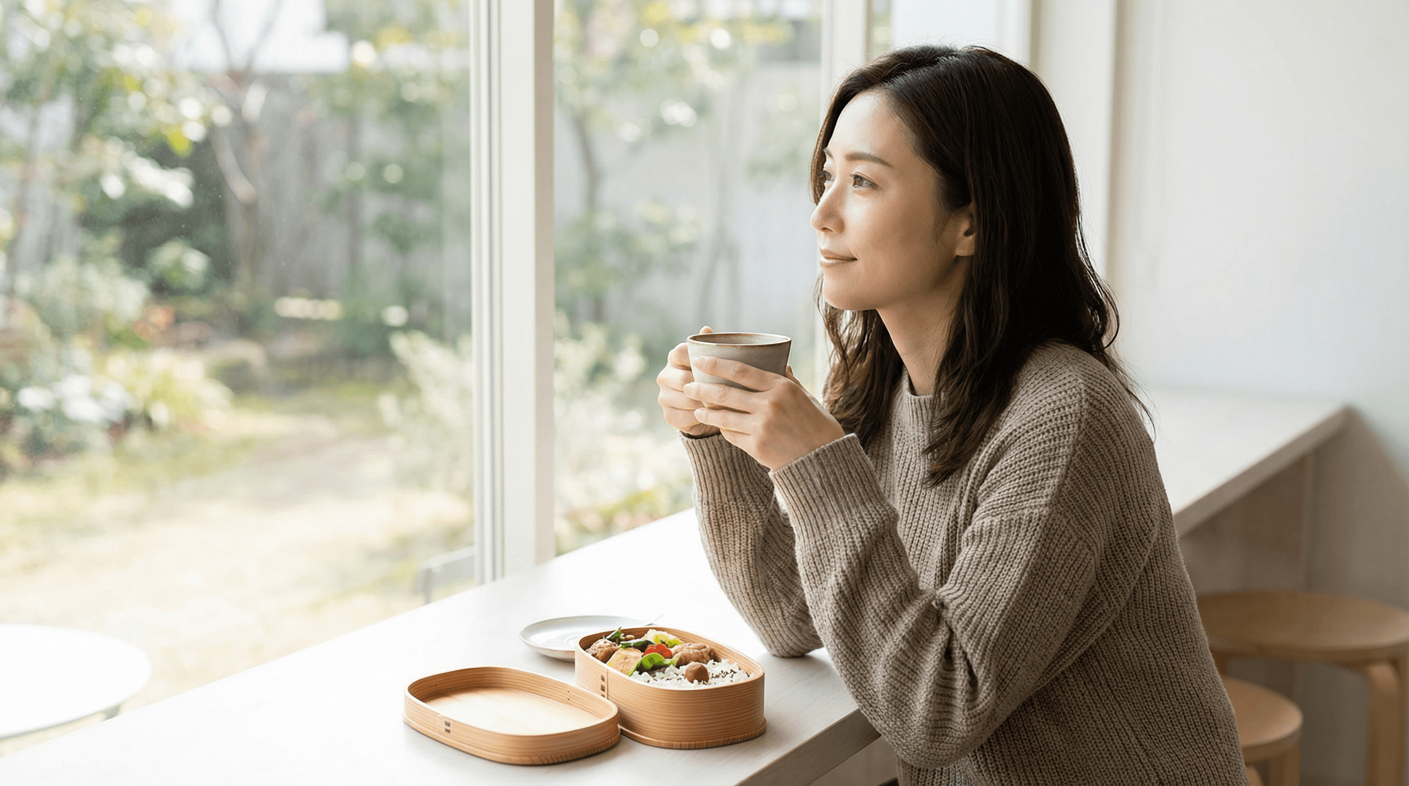 車内でお弁当、カフェでくつろぐ